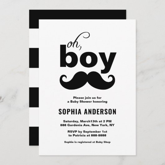 Classic Black It is a Boy Mustache Baby Shower Einladung (Vorne/Hinten)