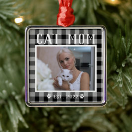 Classic Black Kariert Personalisiert Cat Mama Foto Ornament Aus Metall