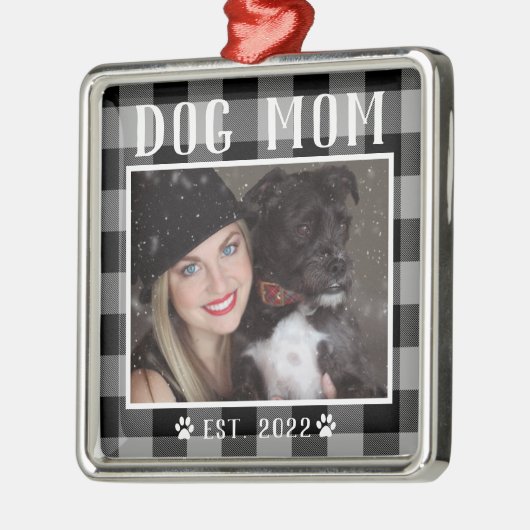 Classic Black Kariert Personalisiert Dog Mama Foto Ornament Aus Metall (Links)