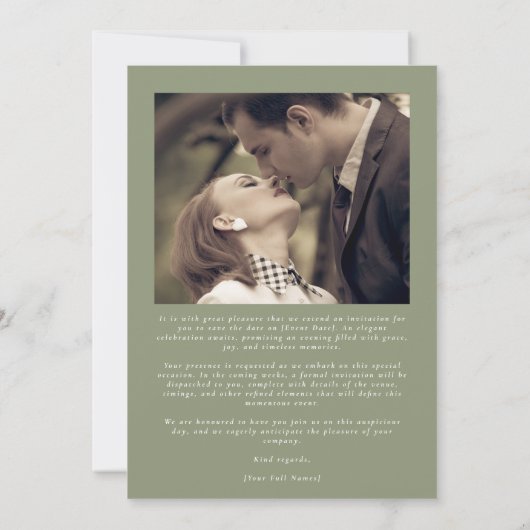 Classic Black Krawatte Sage Green Calligraphy Foto Save The Date (Rückseite)