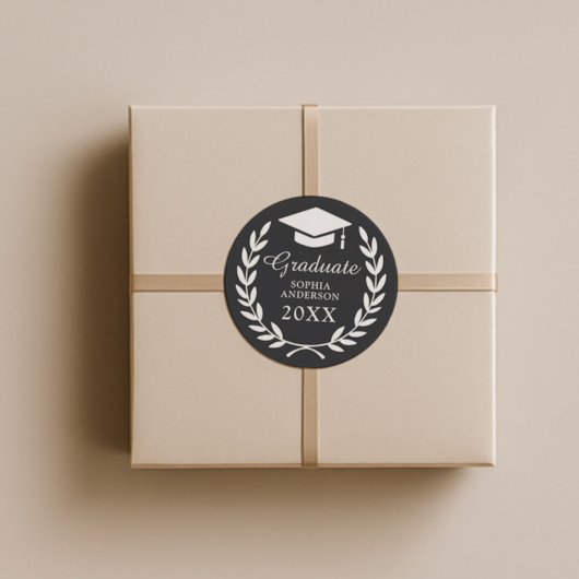 Classic Black Laurel Wreath Grad Cap Emblem Labels Runder Aufkleber