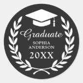 Classic Black Laurel Wreath Grad Cap Emblem Labels Runder Aufkleber (Vorderseite)