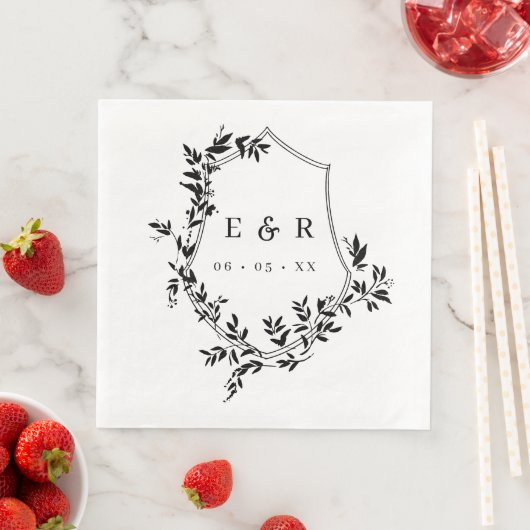 Classic Black Leafy Wappen Wedding Monogram Serviette (Beispiel)
