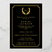 Classic Black Monogram + Laurel Wreath Abschluss Folieneinladung (Vorderseite)