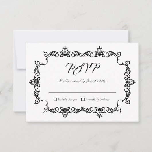 Classic Black on White Ornately Framed Wedding RSVP Karte (Vorderseite)