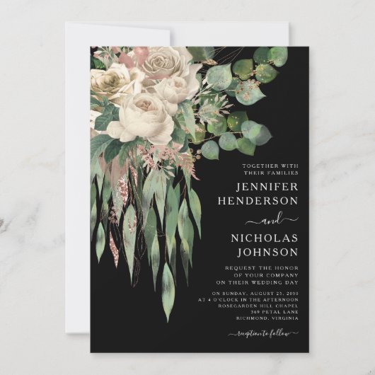 Classic Black Peonies Wedding Einladung (Vorderseite)