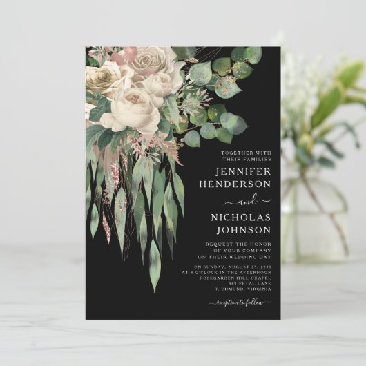 Classic Black Peonies Wedding Einladung (Stehend Vorderseite)