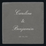 Classic Black Script Elegant Wedding Individuelle  Steinuntersetzer<br><div class="desc">Feiern Sie Ihren besonderen Tag mit diesem personalisierten Untersetzer aus Stein, das durch ein minimalistisches Design besticht, das zeitlose Eleganz ausstrahlt. Dieser Untersetzer ist perfekt für Hochzeiten oder Jubiläen geeignet und präsentiert Ihre Namen und Daten in einer zarten Schrift vor einem natürlichen Schiefergrauen Hintergrund. Dieses vielseitige Stück ist ideal als...</div>