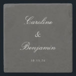 Classic Black Script Elegant Wedding Individuelle  Steinuntersetzer<br><div class="desc">Feiern Sie Ihren besonderen Tag mit diesem personalisierten Untersetzer aus Stein, das durch ein minimalistisches Design besticht, das zeitlose Eleganz ausstrahlt. Dieser Untersetzer ist perfekt für Hochzeiten oder Jubiläen geeignet und präsentiert Ihre Namen und Daten in einer zarten Schrift vor einem natürlichen Schiefergrauen Hintergrund. Dieses vielseitige Stück ist ideal als...</div>
