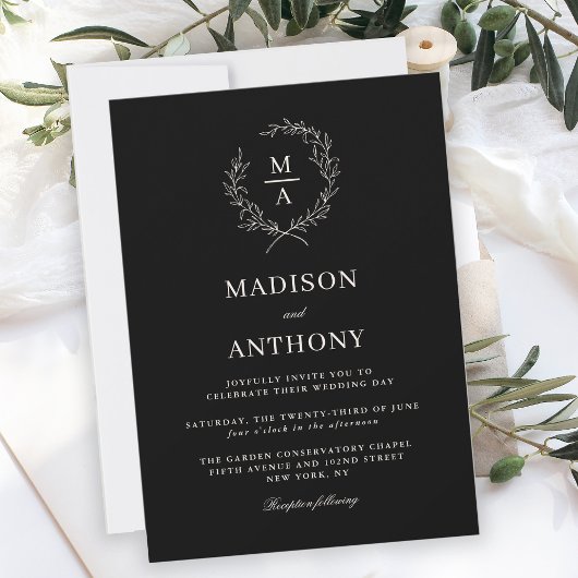 Classic Black Simple Elegant Monogram Wedding Einladung
