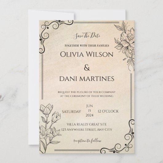 Classic Black und Ecru Monogram Wedding Einladung (Vorderseite)