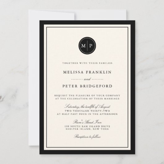Classic Black und Ecru Monogram Wedding Einladung (Vorderseite)