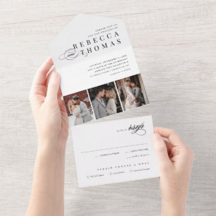 Classic Black & White 3 Foto Collage Wedding All In One Einladung