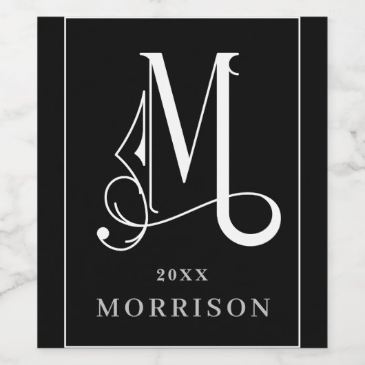 Classic Black & White Beautiful Monogram M Custom Weinetikett (Einzelnes Label)