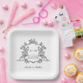 Classic Black & White Floral Crest Wedding Pappteller (Party)