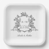 Classic Black & White Floral Crest Wedding Pappteller (Vorderseite)