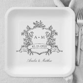 Classic Black & White Floral Crest Wedding Pappteller