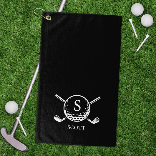 Classic Black White Golf Clubs Monogram Name Golfhandtuch