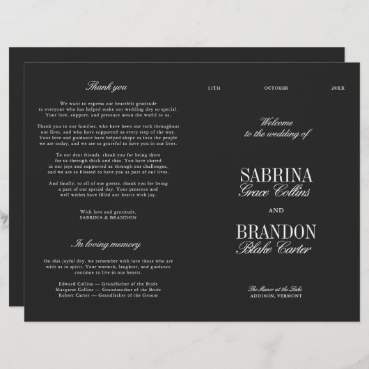 Classic Black & White Modern Wedding Program (Vorne/Hinten)