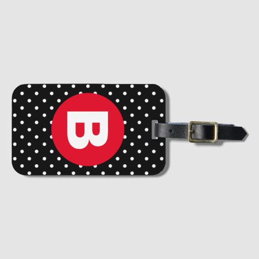 Classic Black & White Polka Dot with Red Monogram Gepäckanhänger (Vorderseite (Horizontal))
