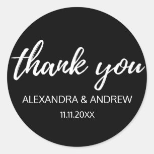 Classic Black & White Script Wedding DANK Runder Aufkleber