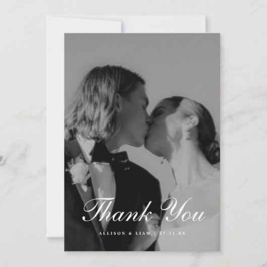 Classic Black & White Script Wedding Photo Dankeskarte (Vorderseite)