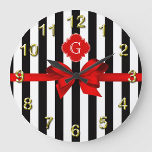Classic Black White Stripe, Red Label, Bow Ribbon Große Wanduhr