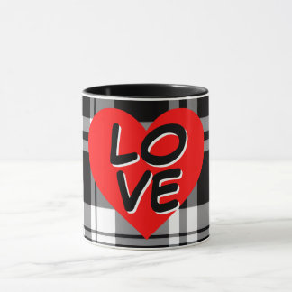 Classic Black White tartan plaid red heart detail Tasse
