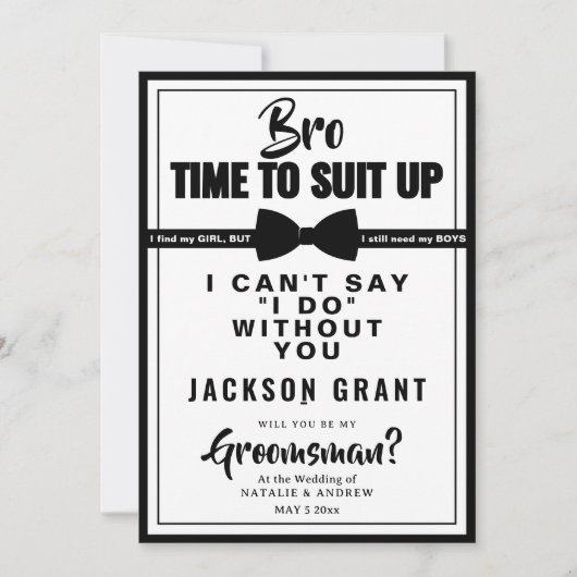 Classic Black & White Tuxedo Anzug Up Trauzeuge Einladung (Vorderseite)