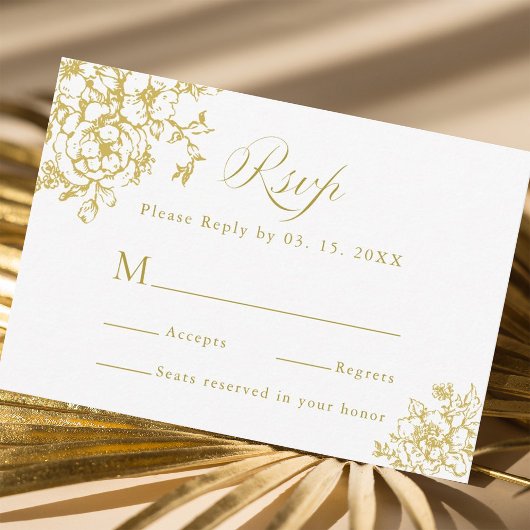 Classic Bloom Garden Gold Wedding RSVP Karte
