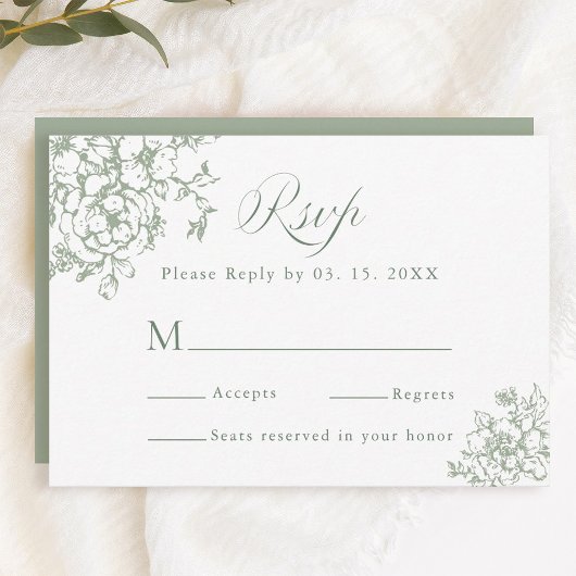 Classic Bloom Garden Sage Green Wedding RSVP Karte