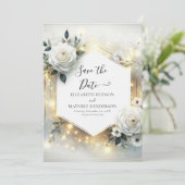 Classic Bloom White Roses Wedding Save The Date (Stehend Vorderseite)