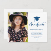 Classic Blue Abschluss | Modernes Skript-Foto Postkarte (Vorne/Hinten)