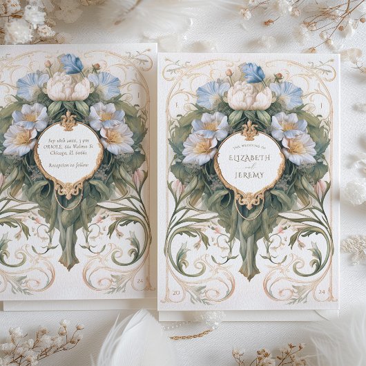 Classic Blue and Cream Art Nouveau Wedding Einladung