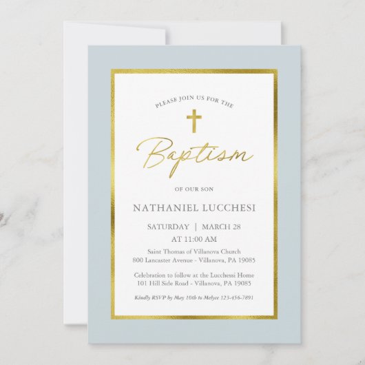 Classic Blue and Gold Script Baptisse Einladung (Vorderseite)