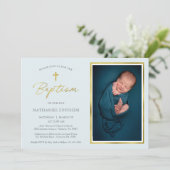 Classic Blue and Gold Script Boy Foto Taufe Einladung (Stehend Vorderseite)