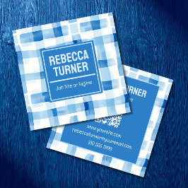 Classic Blue and White Gingham Checkered , QR Code Quadratische Visitenkarte