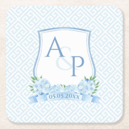 Classic Blue and White Hydrangea Wedding Wappen Rechteckiger Pappuntersetzer