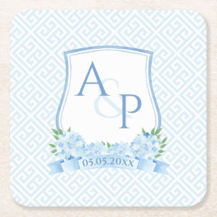 Classic Blue and White Hydrangea Wedding Wappen Rechteckiger Pappuntersetzer