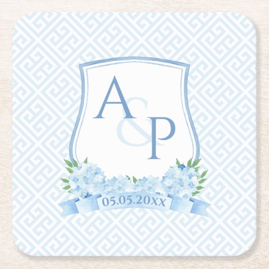 Classic Blue and White Hydrangea Wedding Wappen Rechteckiger Pappuntersetzer (Vorderseite)