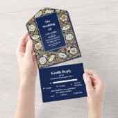 Classic Blue Art Nouveau Wedding All In One Einladung (Abreißen)