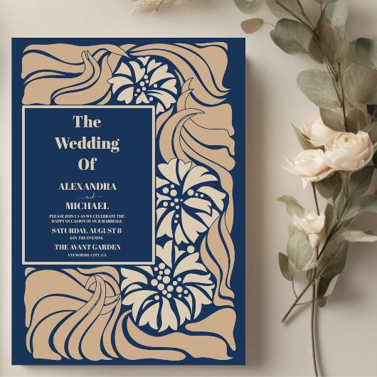 Classic Blue Art Nouveau Wedding Einladung