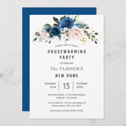 Classic Blue Blush Blue Floral Housewarming Party Einladung (Vorne/Hinten)