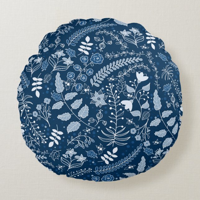 Classic Blue Boho Blume Beautiful Rundes Kissen (Vorderseite)