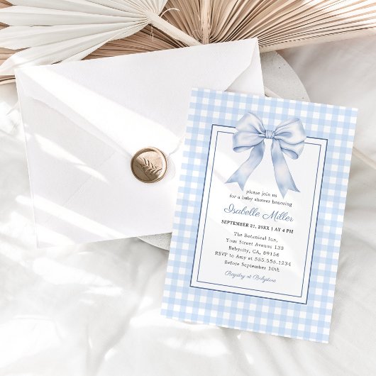 Classic Blue Bow Gingham Boy Baby Shower Einladung