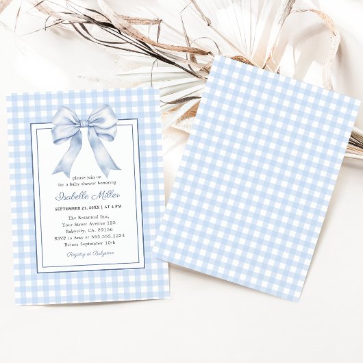 Classic Blue Bow Gingham Boy Baby Shower Einladung