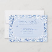 Classic Blue Chinoiserie Bird Peony Wedding RSVP Karte (Vorderseite)
