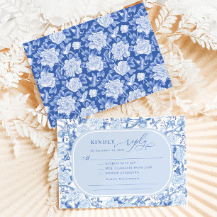 Classic Blue Chinoiserie Bird Peony Wedding RSVP Karte