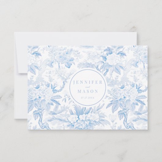 Classic Blue Chinoiserie Porzellan Hochzeitsfeier Dankeskarte (Rückseite)