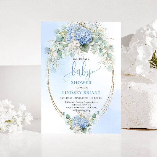 Classic Blue Floral Baby Shower Invitation Gold Einladung